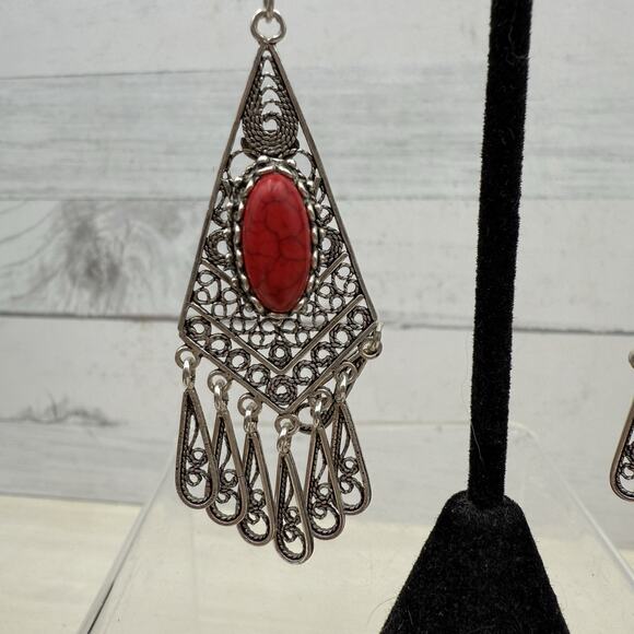 DGS Turkey 925 Sterling Silver Filigree Carnelian Dangle Earrings 16.4 grams - Picture 4 of 13